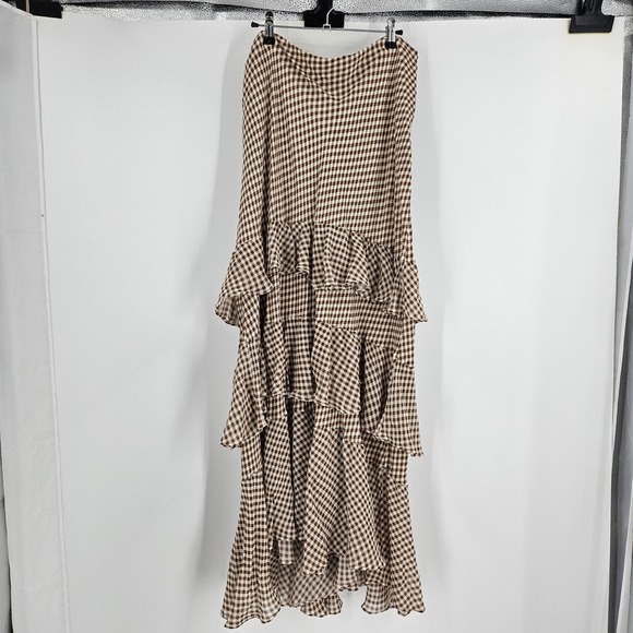 RIXO Preslee Tiered Ruffle Maxi Skirt Brown Gingham Boho Festive Flowy Prairie 8 - Picture 2 of 9
